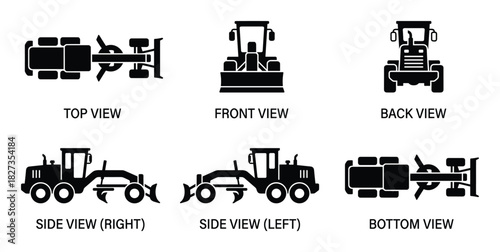 Grader heavy construction vehicle viewing angles flat icon set including top, front, back, side right, side left, and bottom views