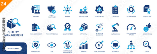 Quality management icon. Includes quality badge, checklist, defect alert, production, satisfaction, approval, continuous improvement. Solid vector icon set.