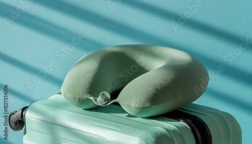 Travel Neck Pillow on Suitcase in Bright Light with Shadows in Modern Room