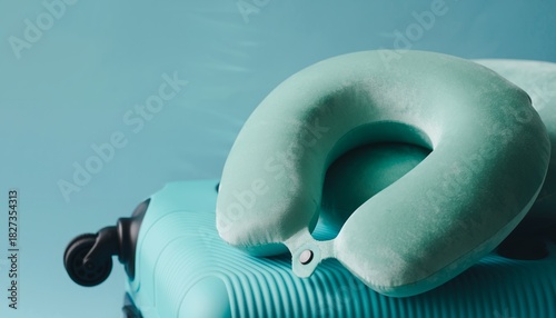 Travel Pillow and Suitcase in Airplane Cabin with Blue Background
