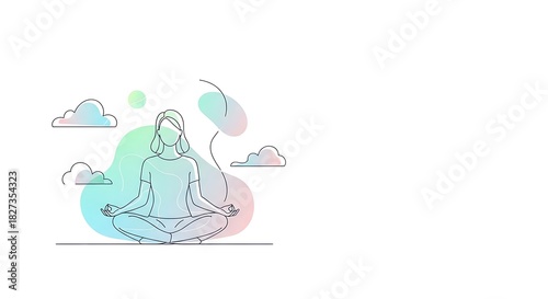 Minimalist Digital Illustration of a Woman Meditating in a Peaceful Cloud Environment