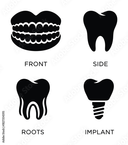 Human tooth and denture problems black silhouette set. Front side roots implant dental issues.