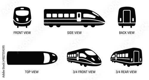 Black high speed train symbol collection. Simple icon of different views. Flat vector illustration.