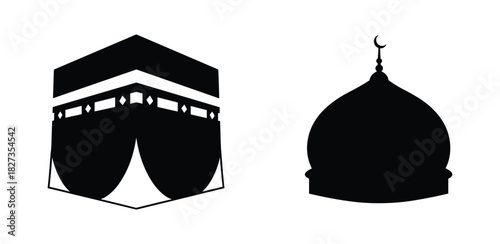 Kaaba and mosque dome with crescent. islamic religious symbols. pilgrimage spiritual journey.