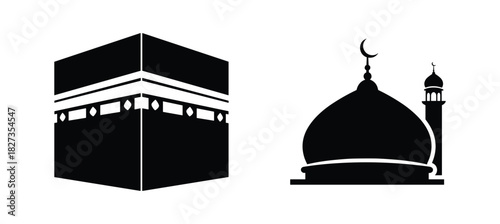 Kaaba icon, mosque dome icon, islamic architecture symbols, religion vector on isolated background.