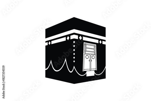 Kaaba in Mecca. Islamic pilgrimage symbol. Mosque architecture. Worship place outline illustration.