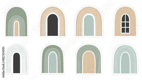 Minimal hand drawn boho arch kit with coastal pastel colors, abstract geometric window shapes set