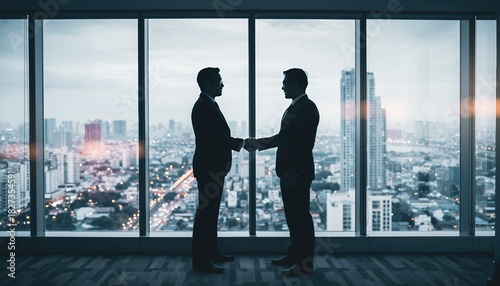 Two Businessmen Shaking Hands in Modern Office with City View