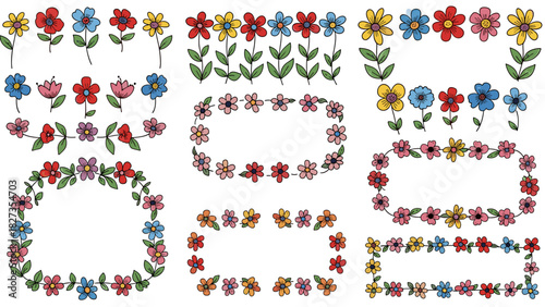 Vector border frame made of simple naive flower doodles, child-like drawing style, mismatched bright colors, red yellow pink blue, marker pen texture, flat white background, isolated, cute and funny