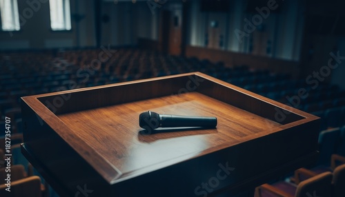 Microphone on Wooden Stage in Empty Auditorium with Audience Seating