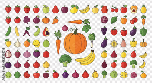 “Colorful Vegetable and Fruit Icons Set – Playful Flat Vector Illustrations for Branding and Packaging”