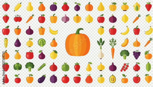 “Colorful Fruits and Vegetables Icon Set – Vibrant Flat Vector Collection for Food, Health, and Nutrition Design”