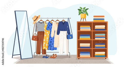 “Clothes Wardrobe Vector Illustration – Modern, Organized Closet Design with Fashion Apparel Elements”