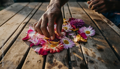 Hand Arranging Colorful Flower Petals on Wooden Surface in Natural Light