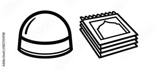 Muslim prayer items for ramadan. Kopiah and prayer mat. Mosque silhouette on prayer mat.