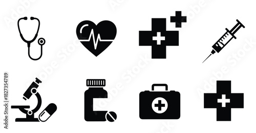 Medicine health icons, healthcare symbols, medical care collection, clinic essential objects set