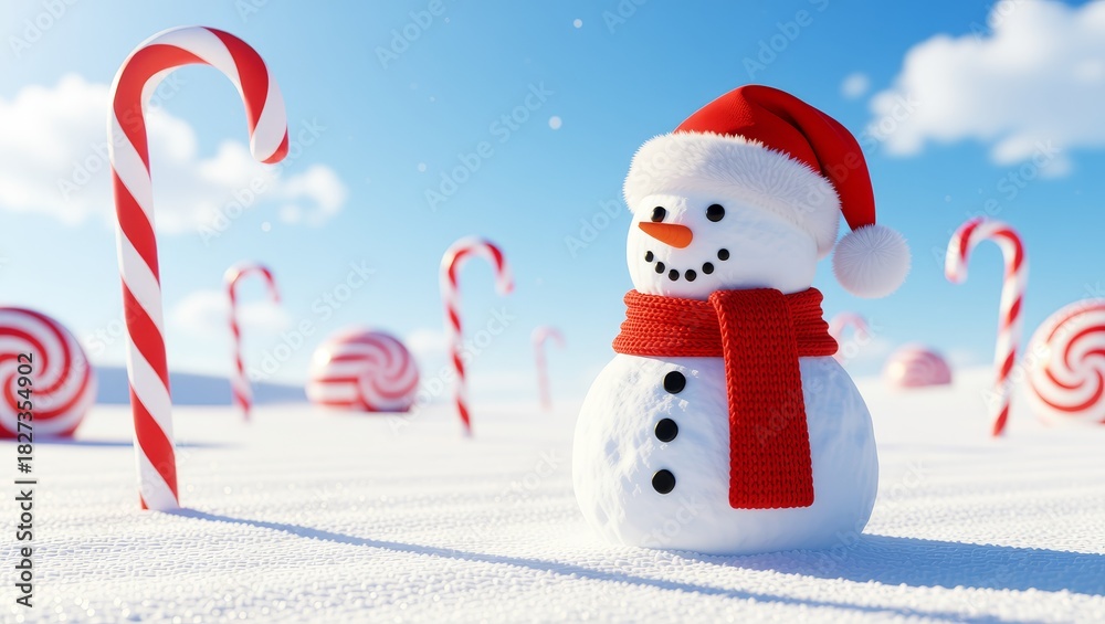 Fototapeta premium Snowman with candy canes and lollipops in snowy landscape