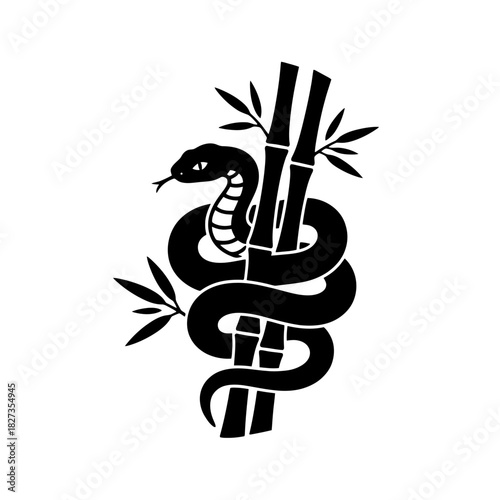 Zodiac Animal Snake silhouette curled around stylized bamboo