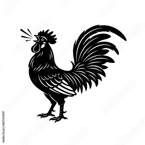 Zodiac Animal Rooster crowing silhouette with flowing tail feathers