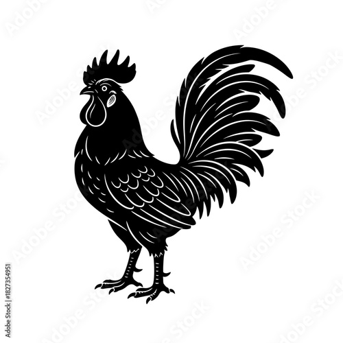 Zodiac Animal Rooster silhouette with flowing tail feathers svg vector