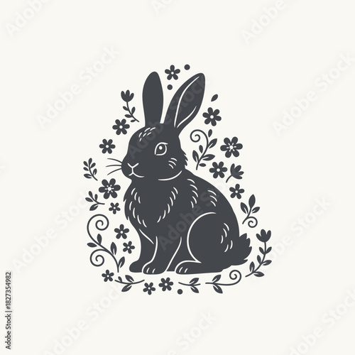 Zodiac Animal Rabbit silhouette with stylized floral elements vector