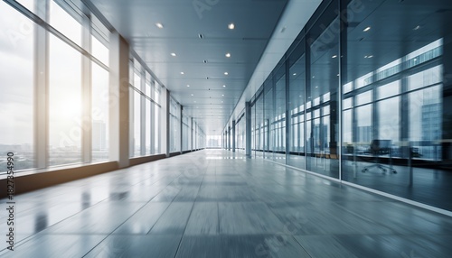 Modern Bright Office Corridor with Floor to Ceiling Windows and Reflective Glass Walls in Skyscraper