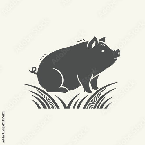 Zodiac Animal Dark gray pig silhouette sitting on stylized grass