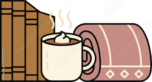 Leisurely Retreat Still Life - Warm Drink, Bound Volumes, and Quilted Drape Outline Art
