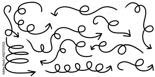 Set Curly Arrow Handdrawn Vector Ideal for emphasizing returns, loops, and navigational flow in a rough, hand-sketched style. Symbolizes direction, rotation, and flow.
