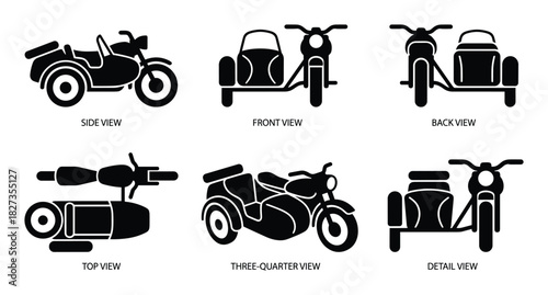 Sidecar motorcycle flat icon collection presenting front, back, top, and detailed views of vehicle design.
