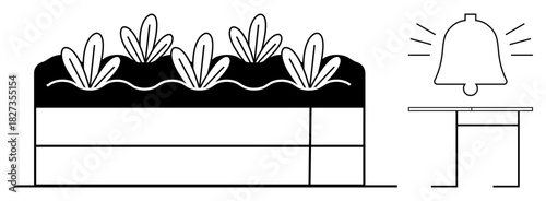 Raised garden bed with sprouting plants next to ringing bell on table for attention. Ideal for gardening, sustainability, notifications, ecology, alertness, growth, environmental awareness. Simple