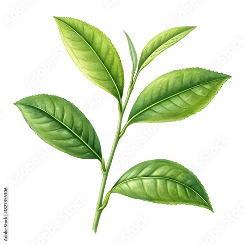 Watercolor illustration of a fresh green tea plant sprig with young leaves isolated on white background