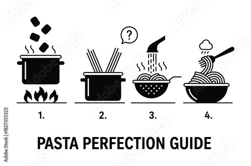 Infographic illustrating four essential steps for cooking pasta perfectly from boiling to serving.