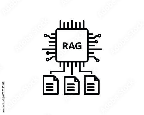 RAG architecture. Generative AI. CPU processing. Document files. Information retrieval. Artificial intelligence concept.