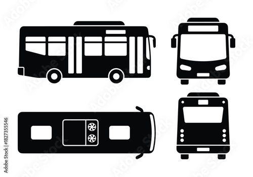 Public bus illustration. City transport views icon set. Vehicle black silhouette. Flat graphic design with details.
