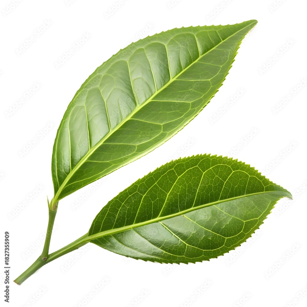Obraz premium Two vibrant green tea leaves with prominent veins, isolated on white background