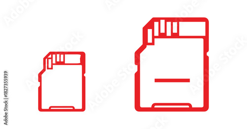 SD memory card and micro SD card icon set. Red outline for digital storage devices. Electronic components.