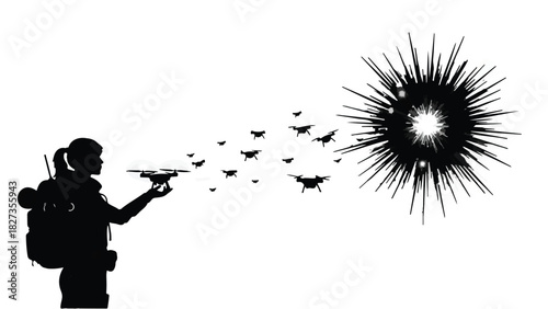 Person launching swarm of drones towards explosive energy burst