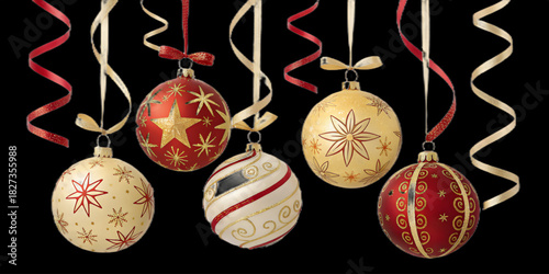 黒い背景に吊るされた、赤と金色の美しいクリスマスオーナメントと華やかなリボン.