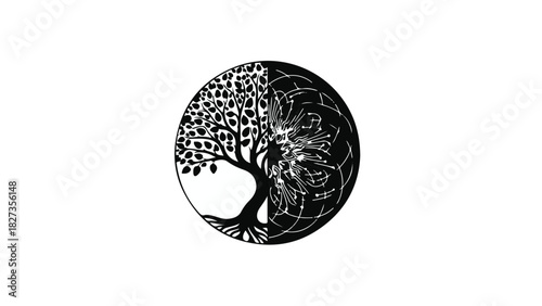 Symbolic circular design merging a vibrant tree of life with a dark, cosmic dragon.