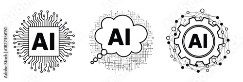 Artificial intelligence icons, machine learning, neural networks, brain processor, microchip technology, AI symbol