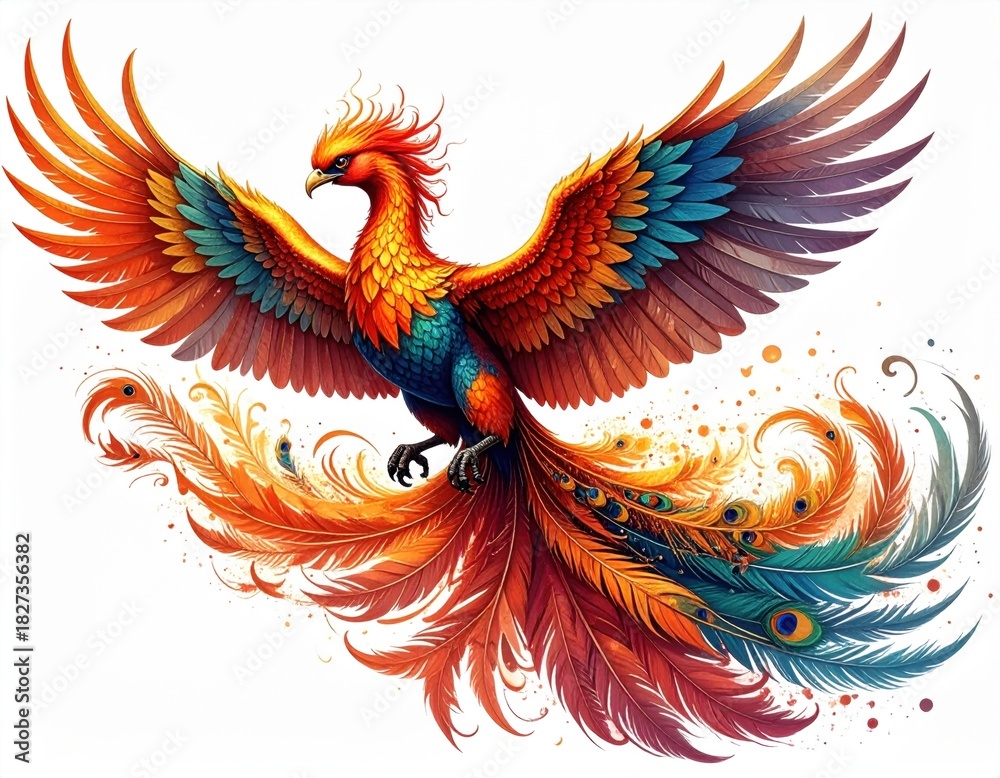 Obraz premium A vibrant, colorful phoenix with fiery feathers, soaring amidst swirling patterns, symbolizing rebirth and transformation.