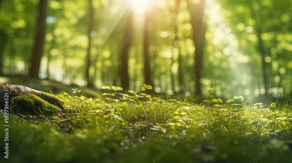 Fototapeta premium Lush Green Forest Scene with Sunlight Streaming Through the Trees.