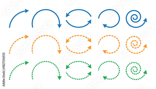 Collection of curved arrow icons, solid dashed and dotted lines, different colors and directions.