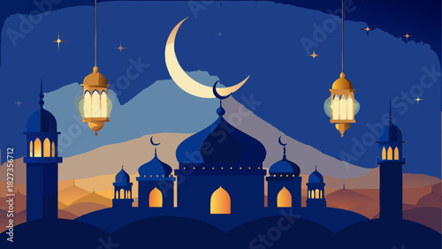 Illustration of a mosque at night with a crescent moon and hanging lanterns in the sky above it all