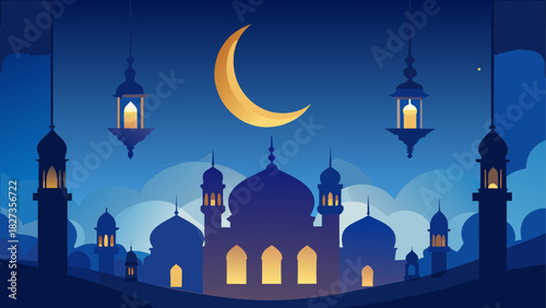 Illustration of a mosque silhouette with a crescent moon and hanging lanterns at night time scene