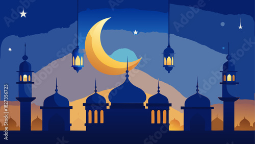Silhouette of mosque with crescent moon and stars in the night sky ramadan kareem celebration art