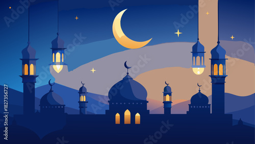 Illustration of a mosque silhouette at night with a crescent moon and hanging lanterns view scene