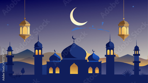 Illustration of a mosque at night with a crescent moon and hanging lanterns in the sky above it all