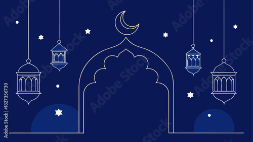 Elegant ramadan design featuring a crescent moon archway lanterns and twinkling stars on a dark blue backdrop